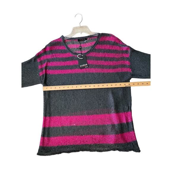 Cyrus Sweater Open Knit 3/4 Sleeve Pullover Striped Glitter Pink Large - Picture 3 of 7